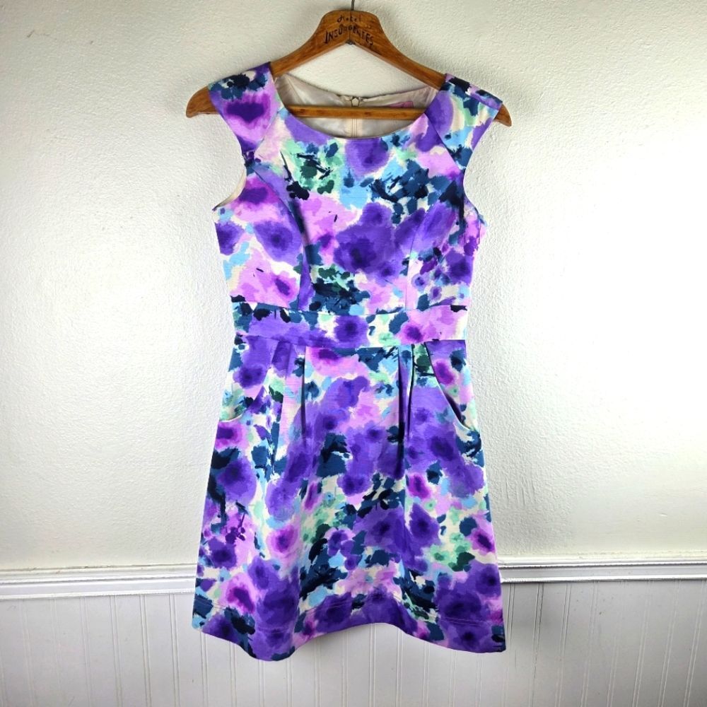 Eliza J Women's Purple Blue Floral A Line Dress Sleeveless Pockets Fits Medium